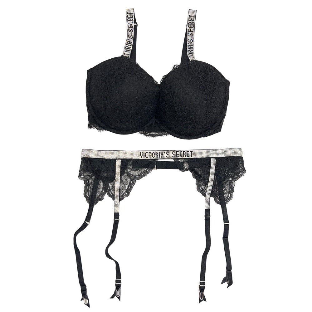 Victoria's Secret Very Sexy Push-Up Bra Garter Set 36DDD M/L Black Rhinestone